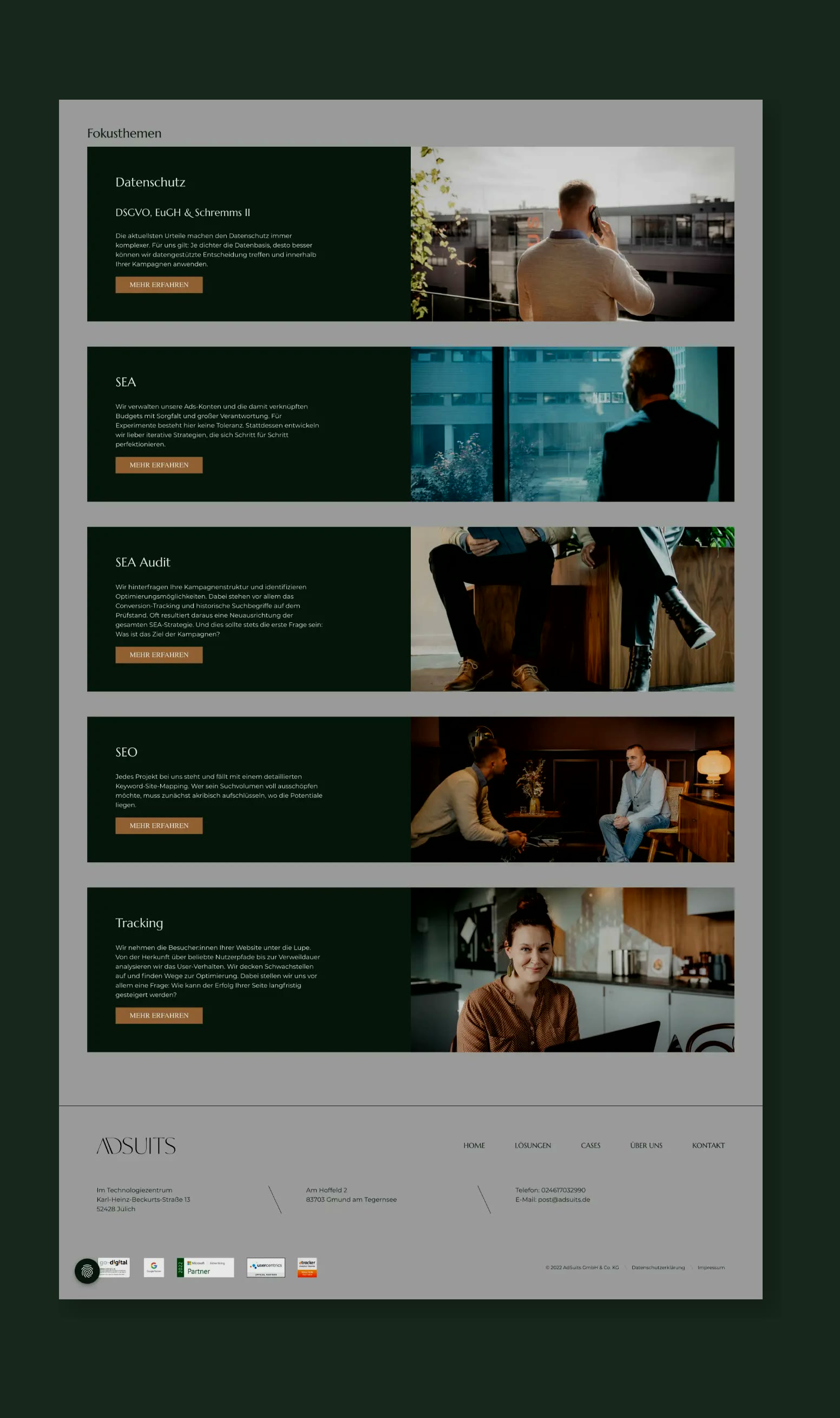 AdSuits, Leistungsseite der Website