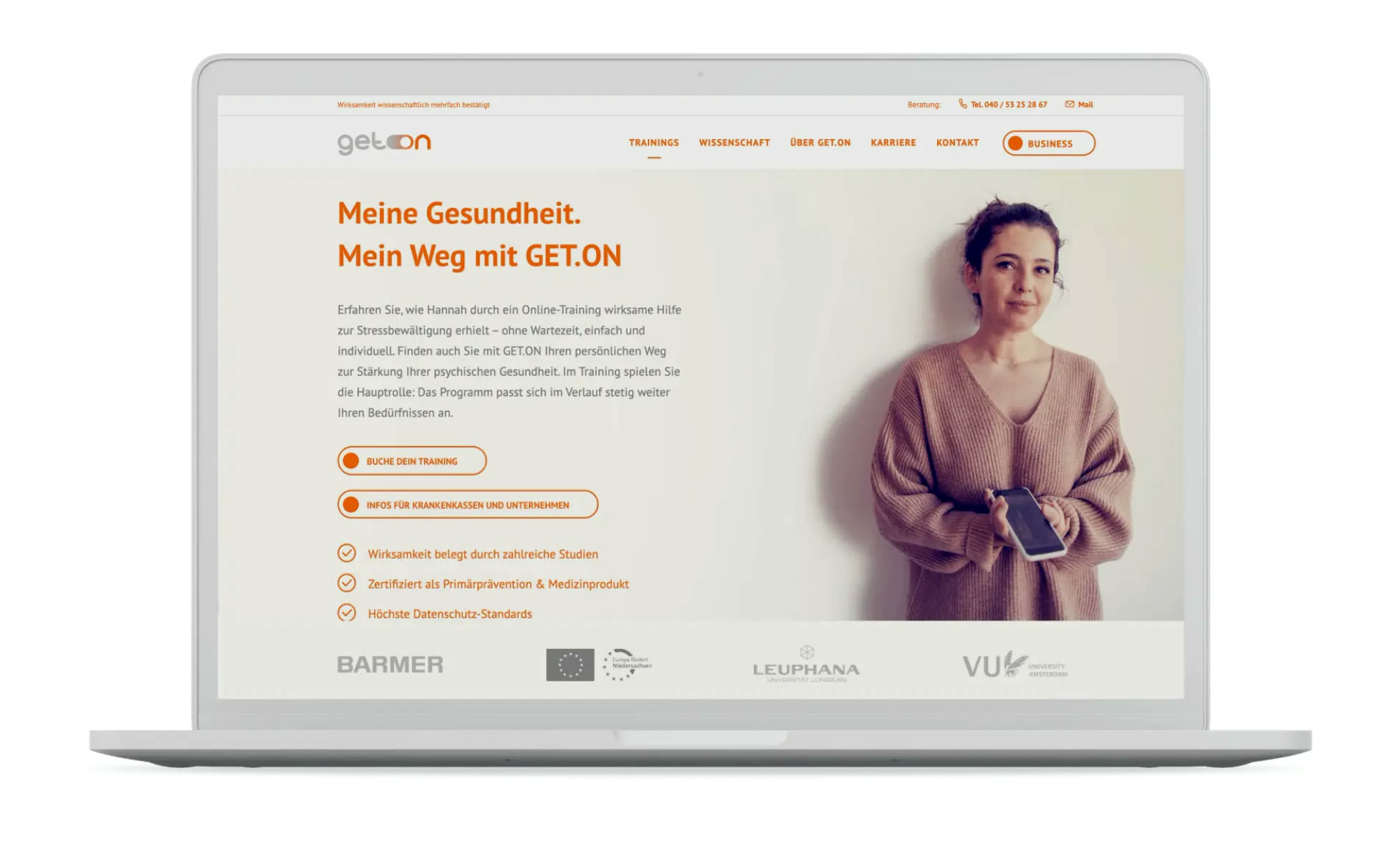 GET.ON, Website auf dem Laptop: „Meine Gesundheit. Mein Weg mit GET.ON.“