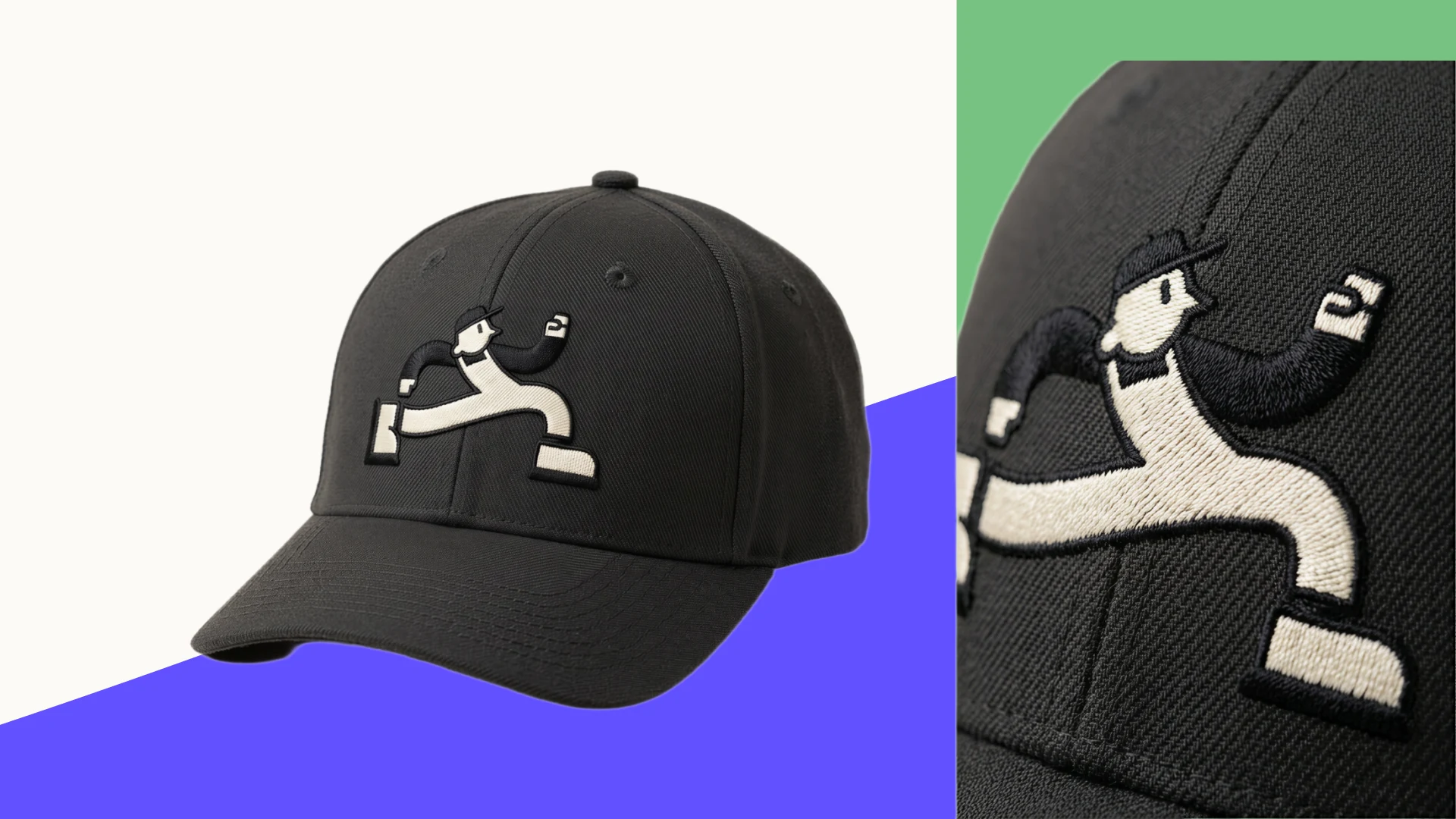 Schwarze goSchneider Cap mit gestickter Markenfigur und Stickdetail