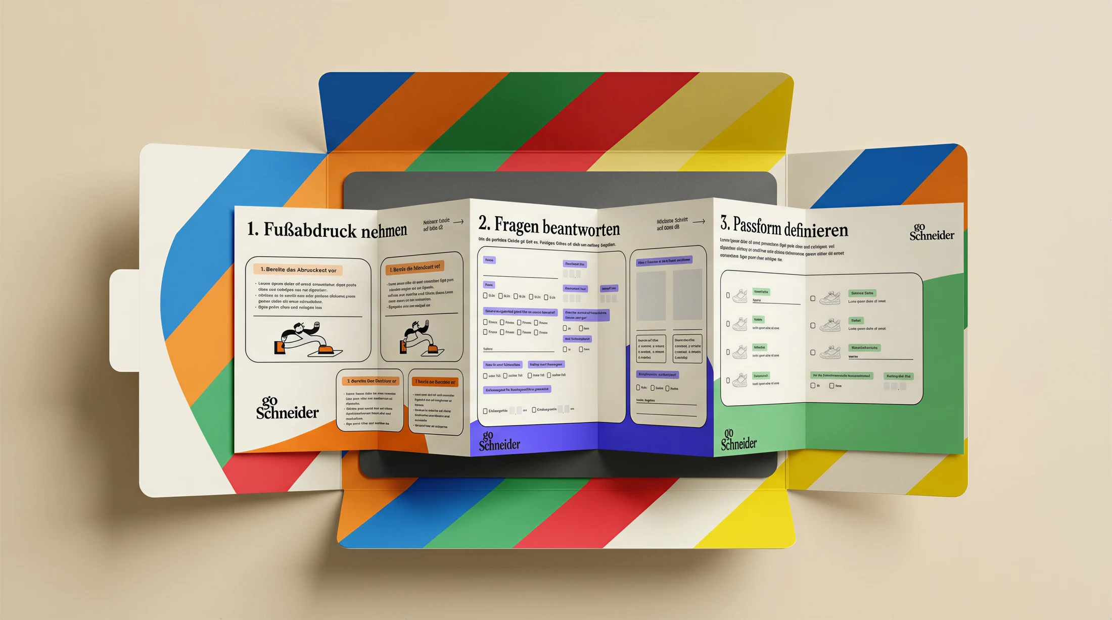 goSchneider Homekit-Mockup: geöffnete Verpackung mit farbiger Anleitung für Fußabdruck und Passform