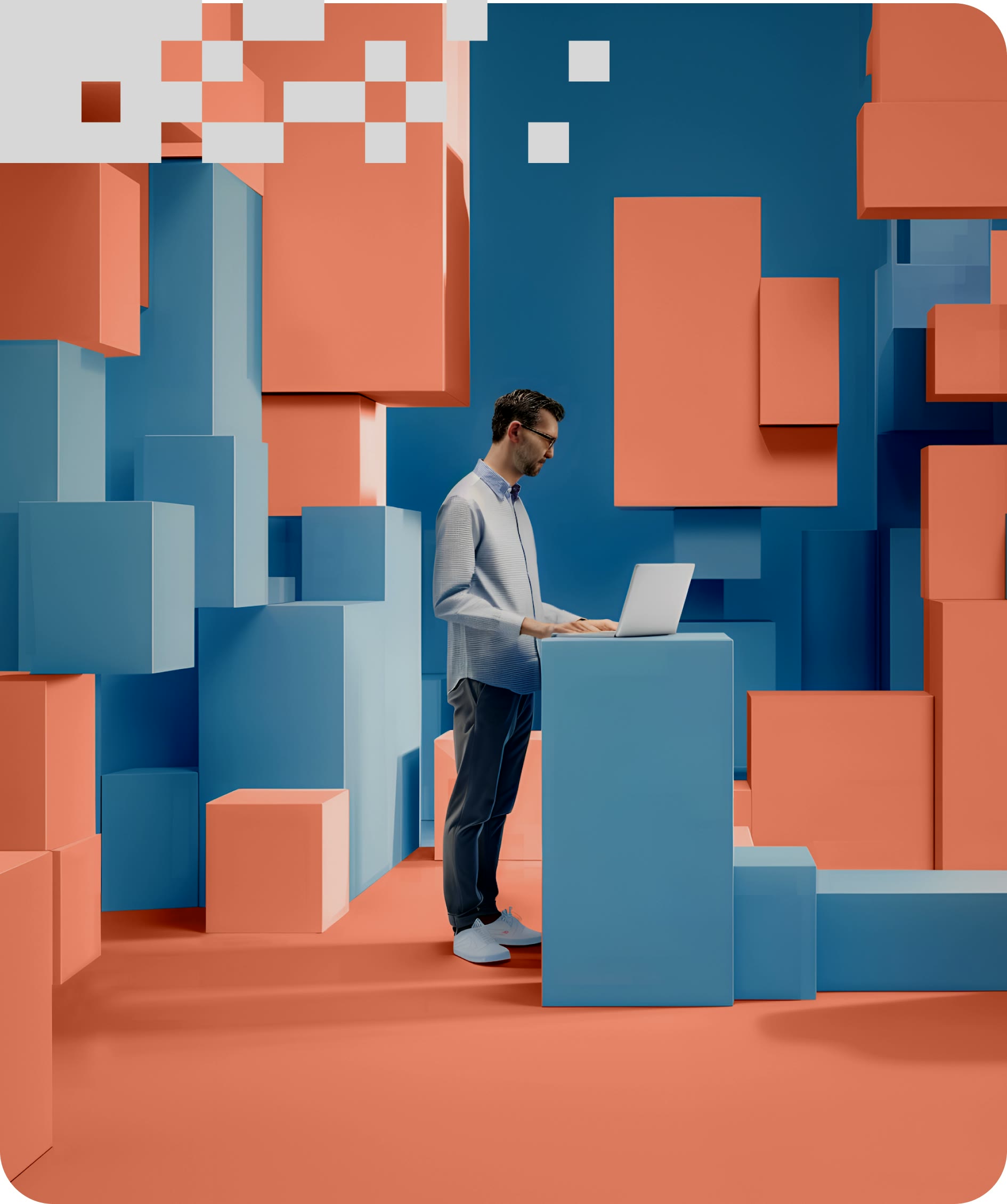 Immofolia, Keyvisual: Mitarbeiter in blauer Cube-Welt