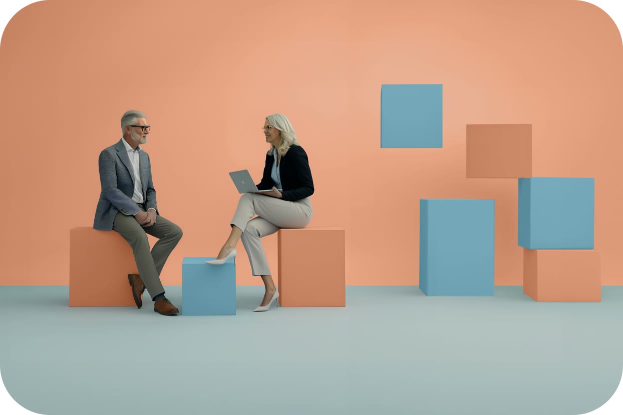 Immofolia, Keyvisual: Beratungsgespräch in der Cube-Welt