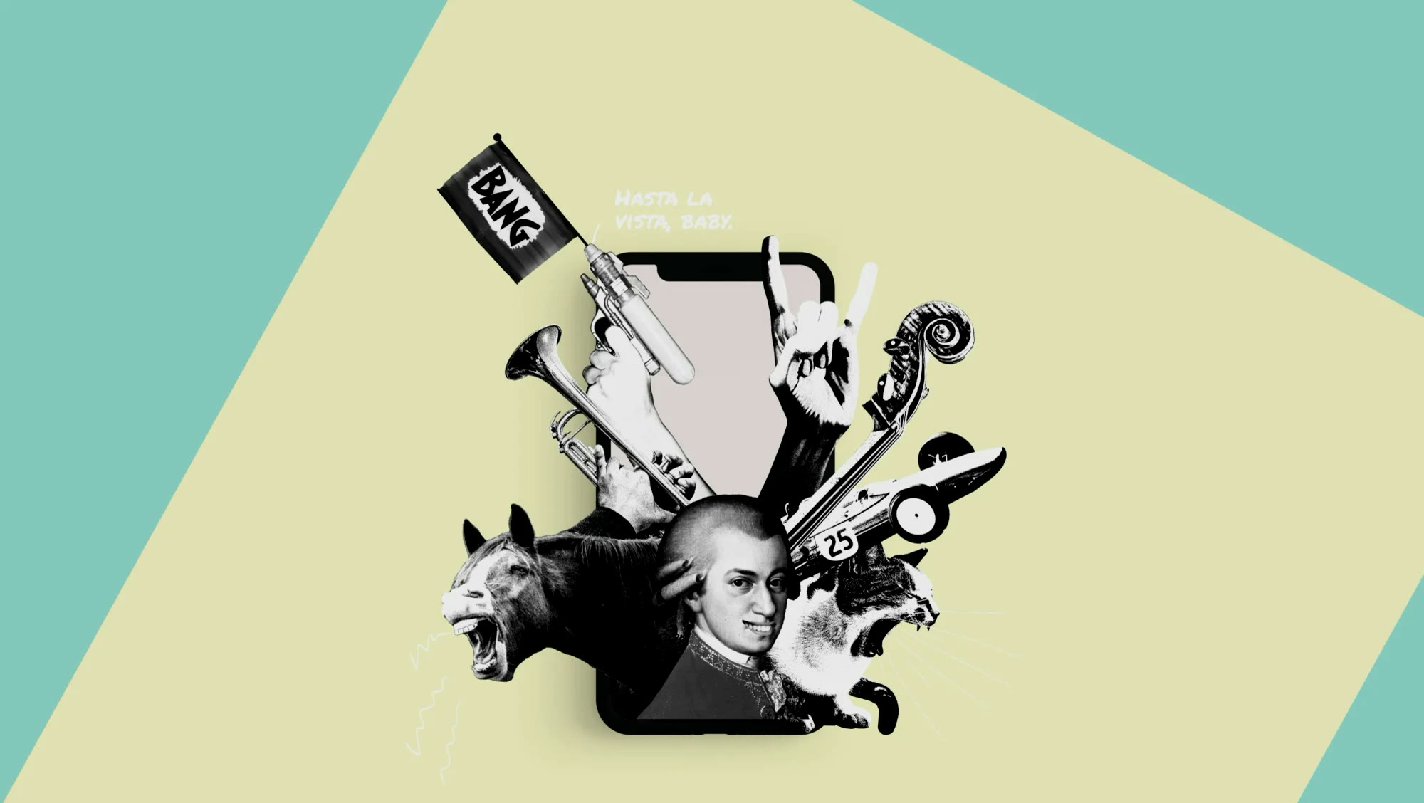 Klang², Keyvisual mit Collage aus Instrumenten, Tieren und Smartphone