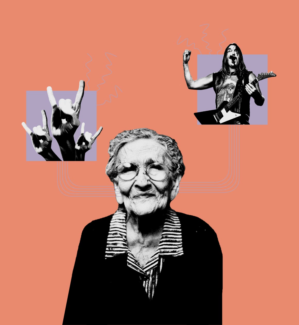 Klang², Collage mit Oma und Rockmusik