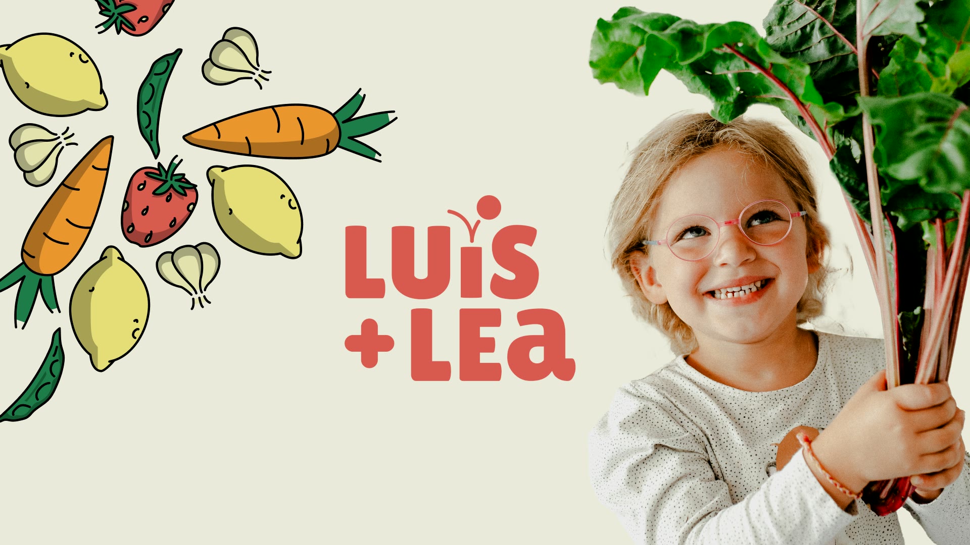 Luis + Lea, Keyvisual: Mädchen mit Mangold, Logo und Gemüse-Illustrationen