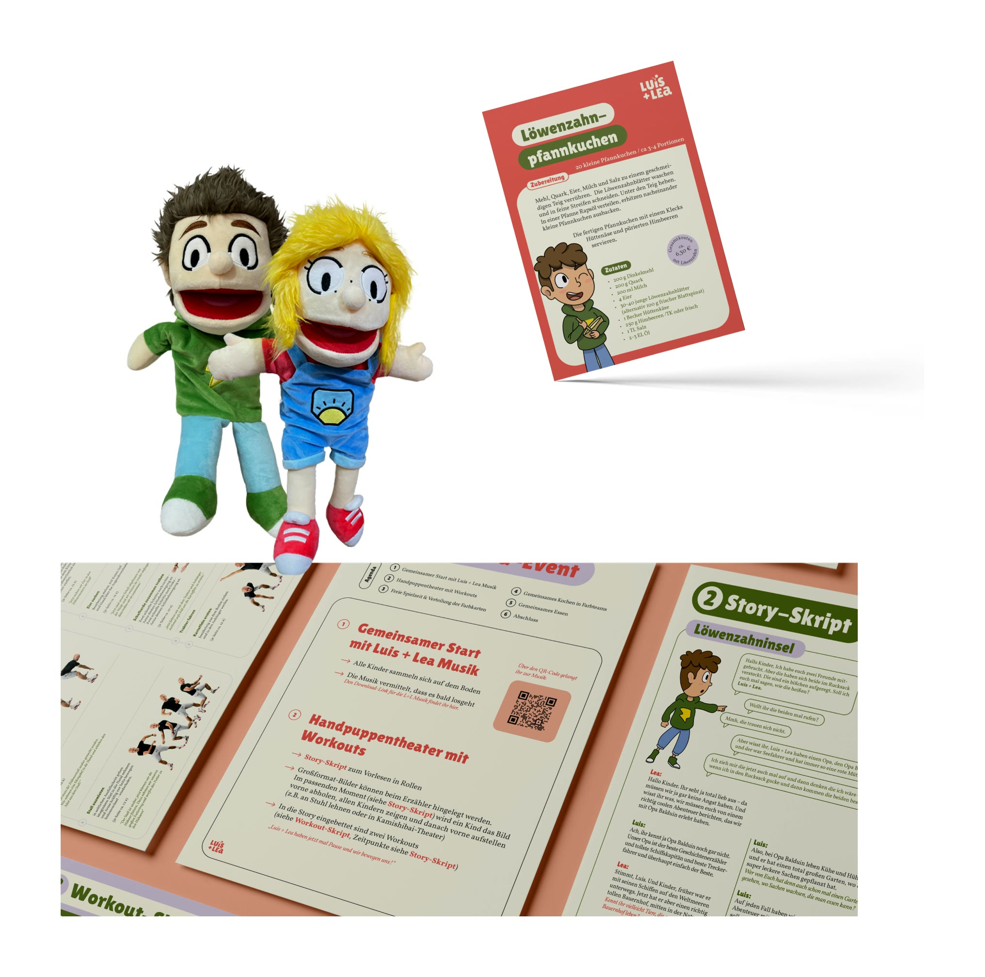 Luis + Lea, Handpuppen, Rezeptkarten und Story-Skripte