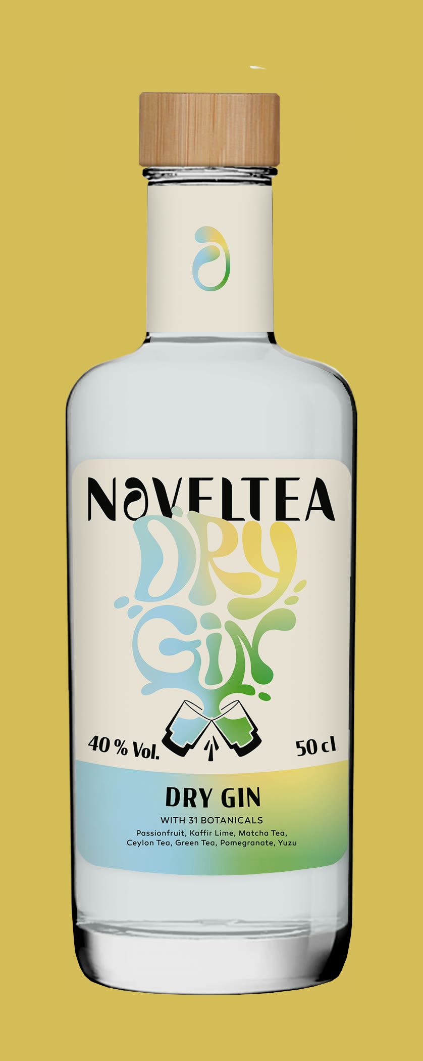 Noveltea, Flasche „Dry Gin“ auf Gelb