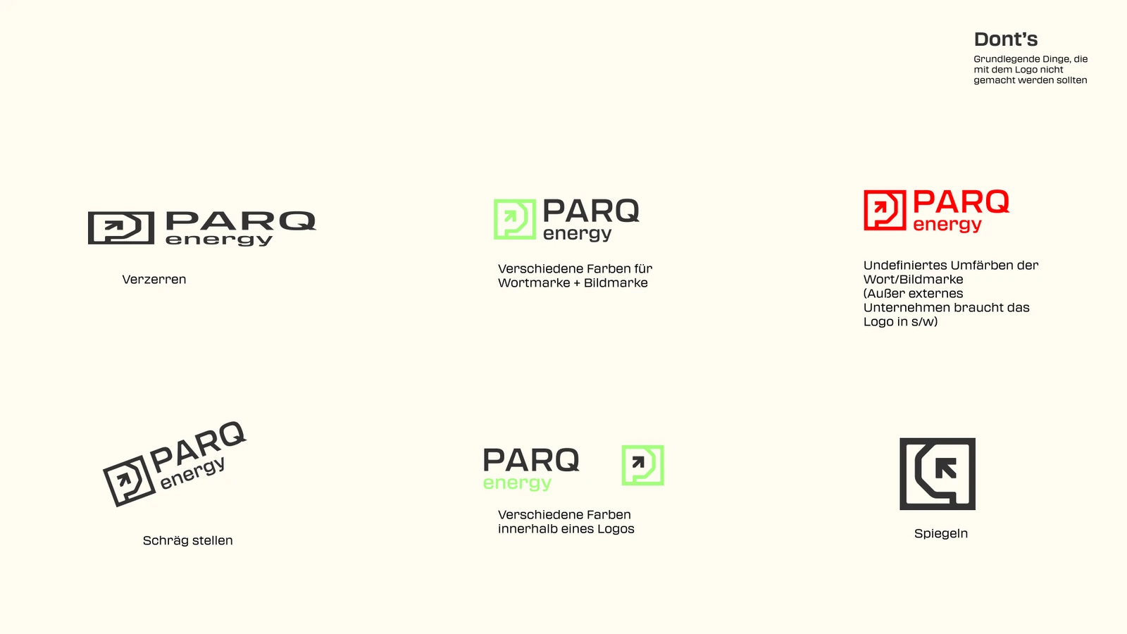 PARQ Energy, Logo-Anwendung und Schutzzonen, Styleguide-Seite 45