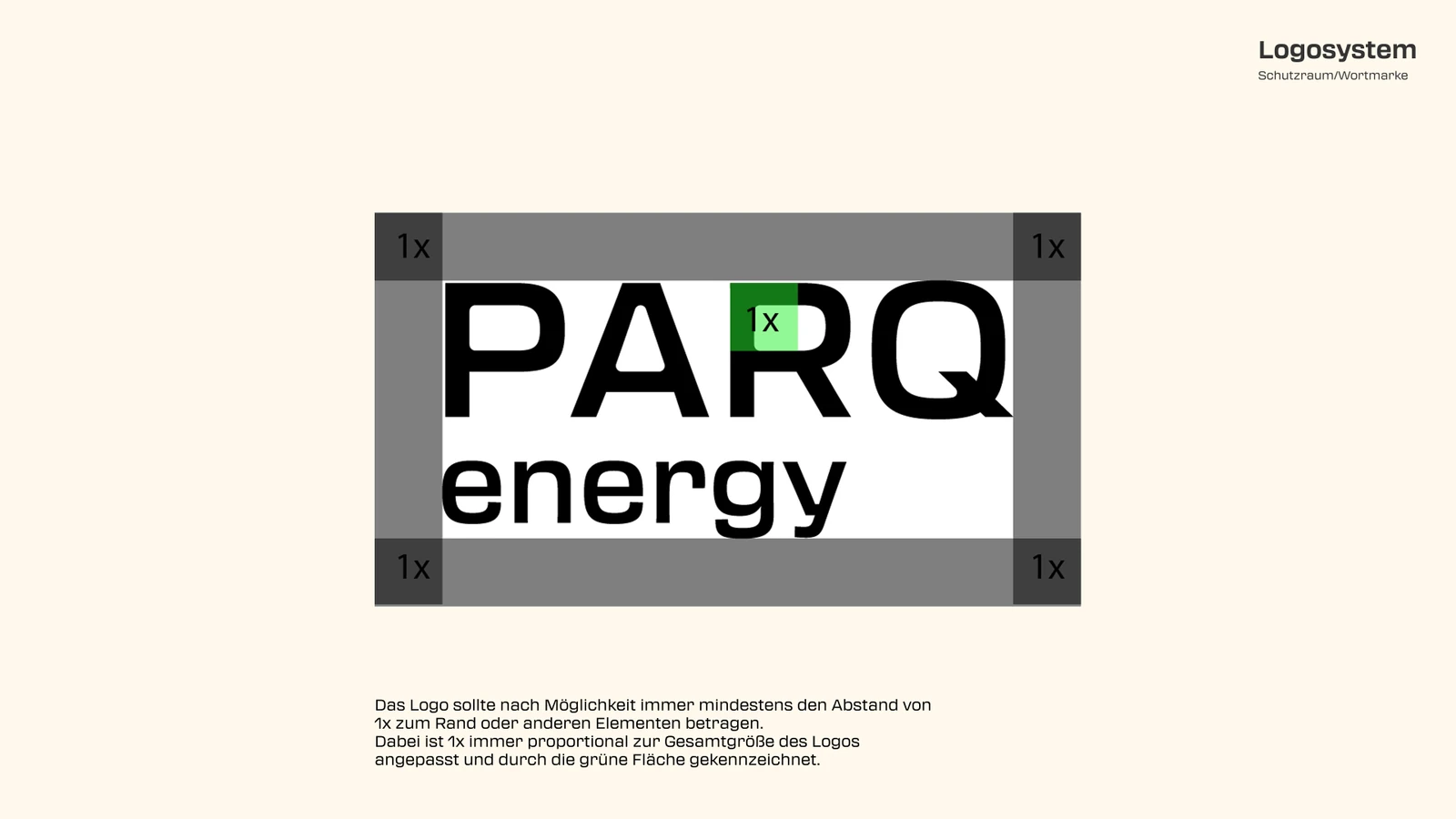 PARQ Energy, Logo-Anwendung und Schutzzonen, Styleguide-Seite 52