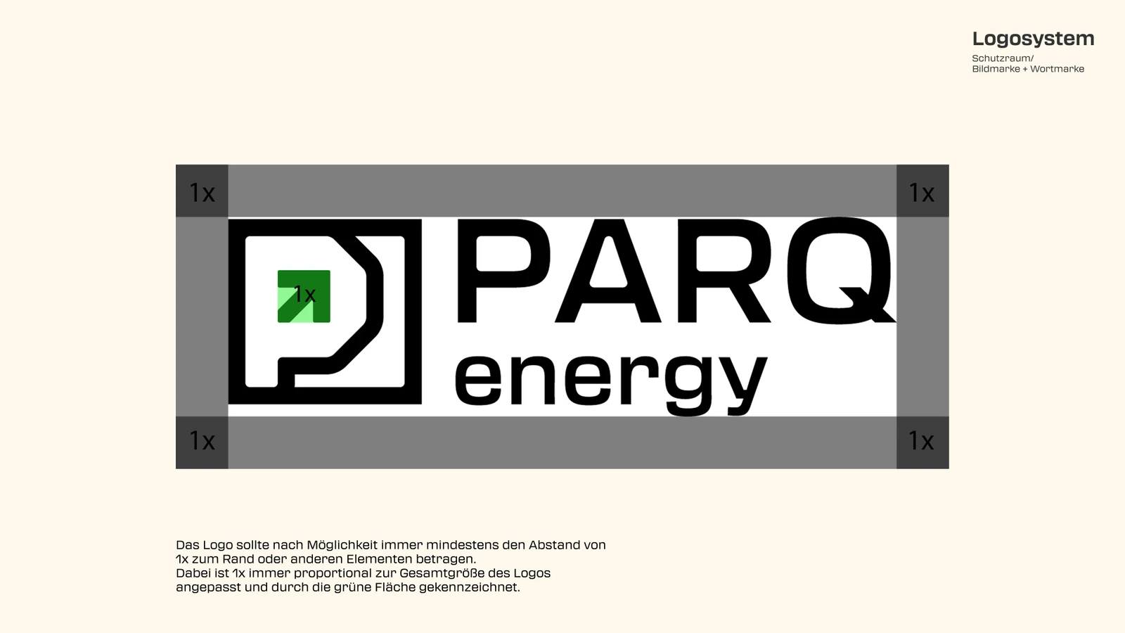 PARQ Energy, Logo-Anwendung und Schutzzonen, Styleguide-Seite 53