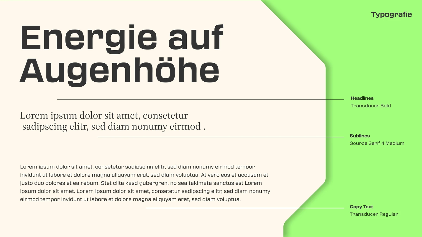 PARQ Energy, Farben, Typografie und Haltung, Styleguide-Seite 6