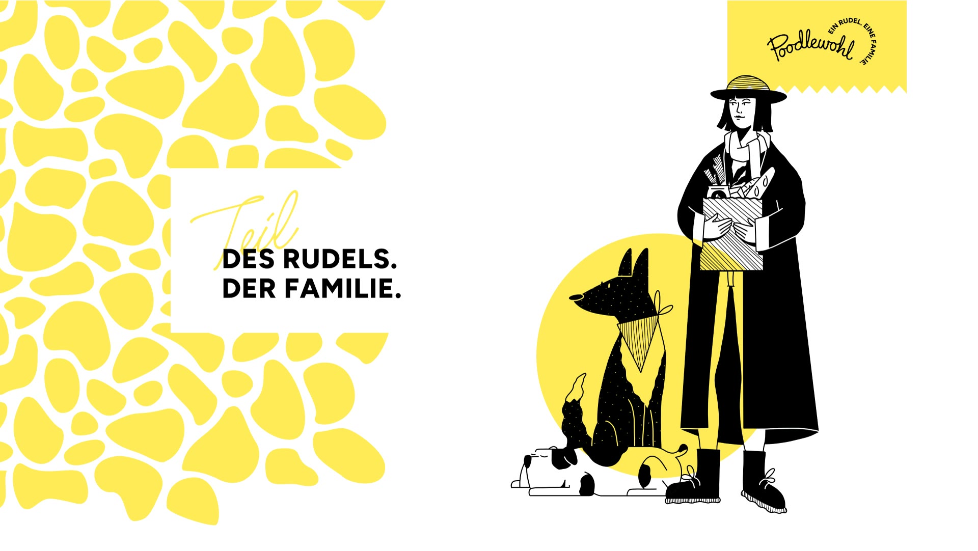 Poodlewohl, Keyvisual mit Illustration, Muster und Claim „Des Rudels. Der Familie.“