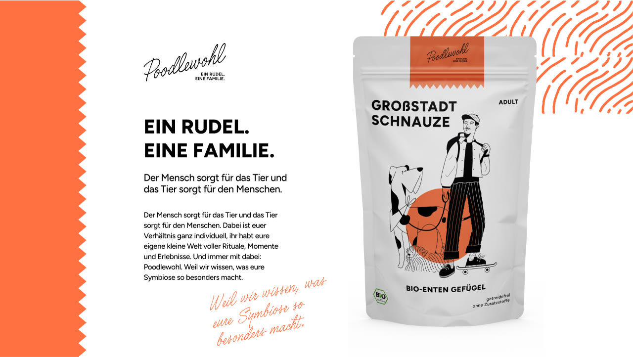 Poodlewohl, Markenclaim „Ein Rudel. Eine Familie.“ mit Verpackung