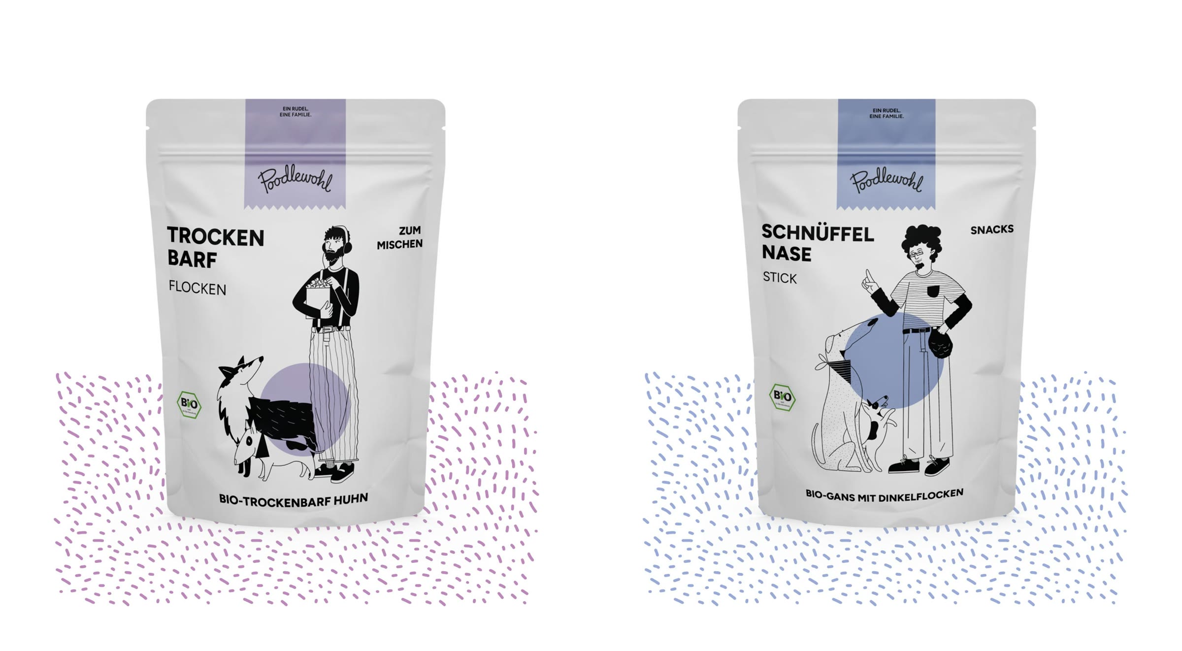 Poodlewohl, Beutel für Trockenfutter und Snacks mit Illustrationen
