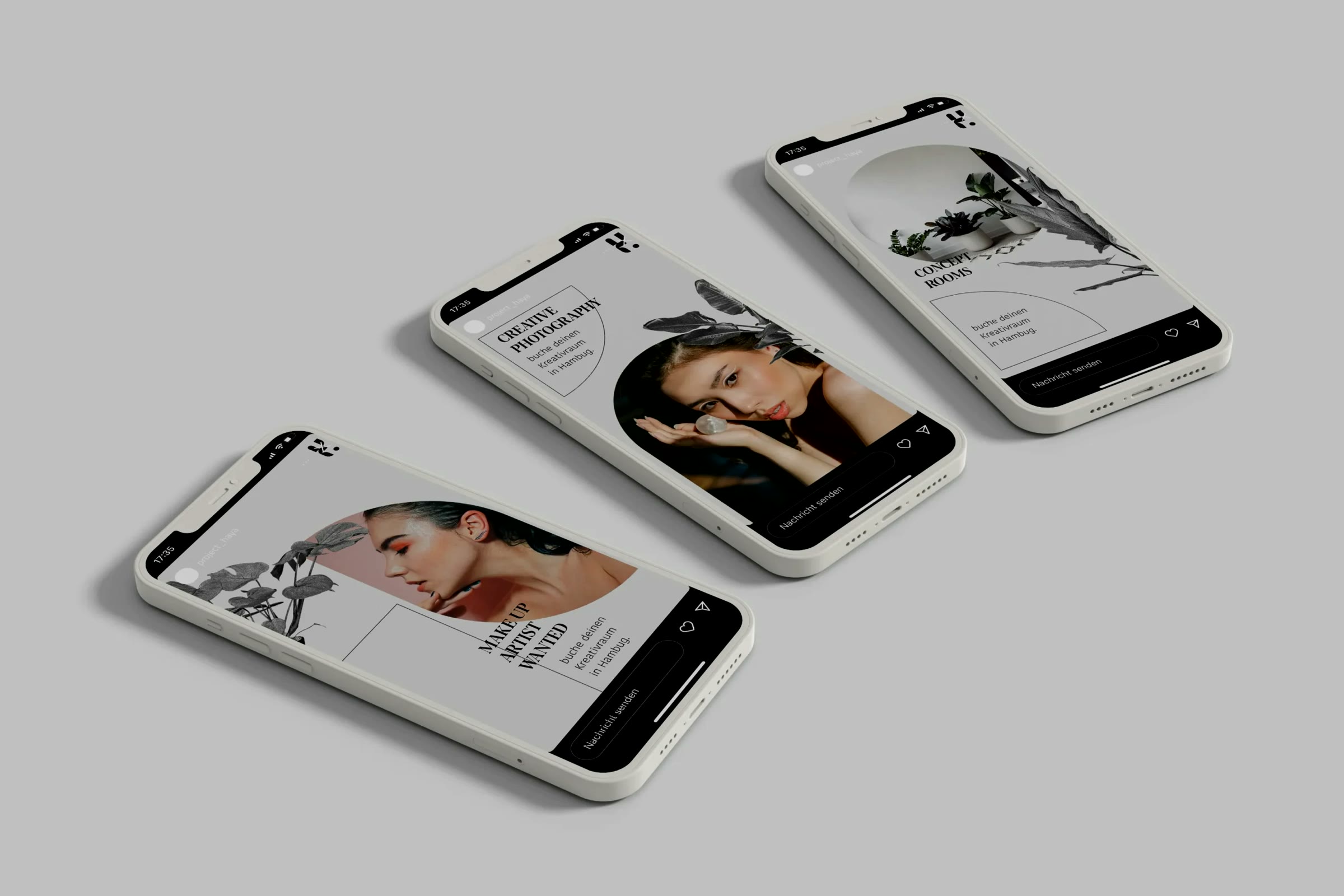 Project Haya, Social-Media-Templates auf drei Smartphones
