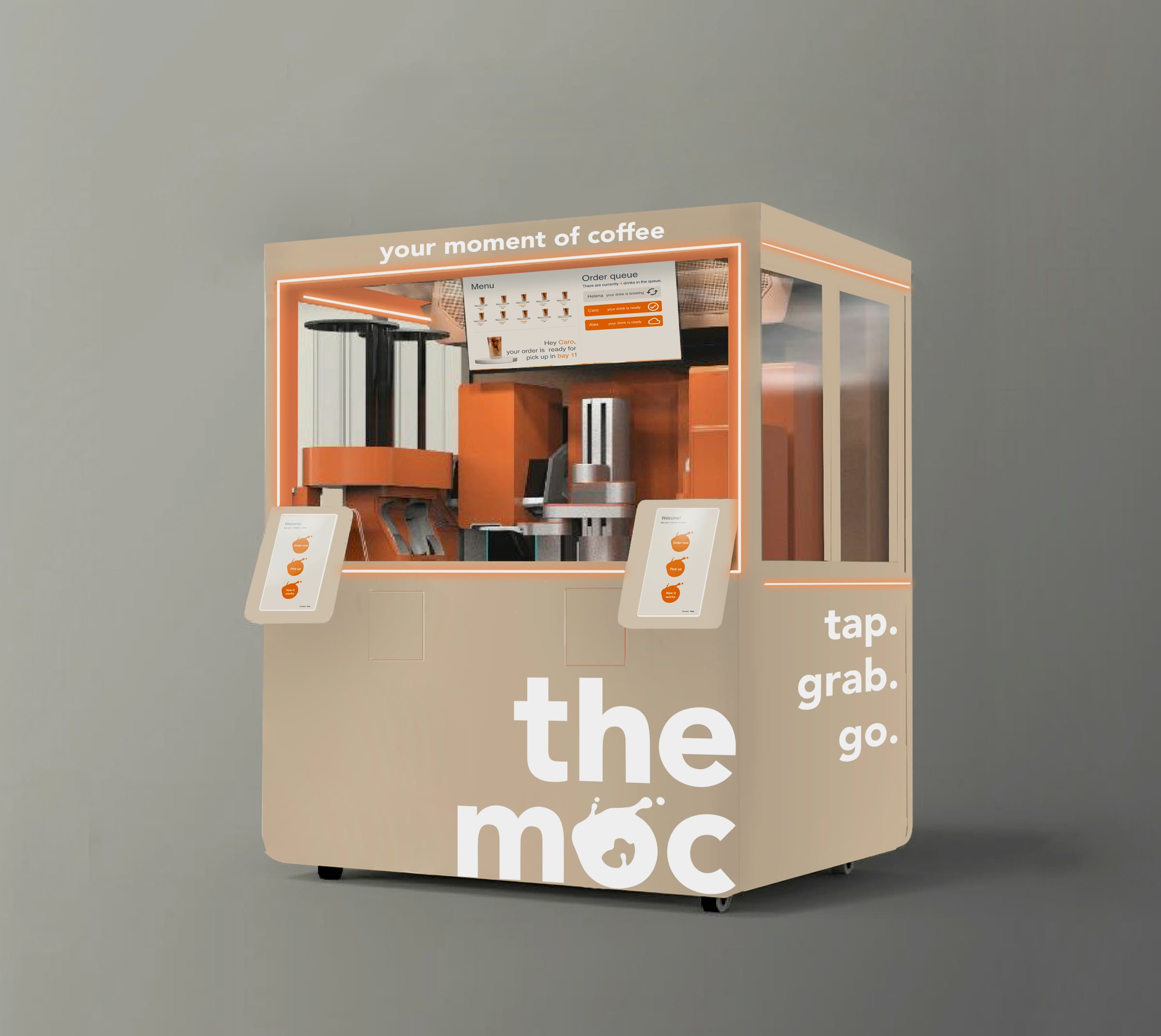 the moc, Kiosk von vorn: tap. grab. go.